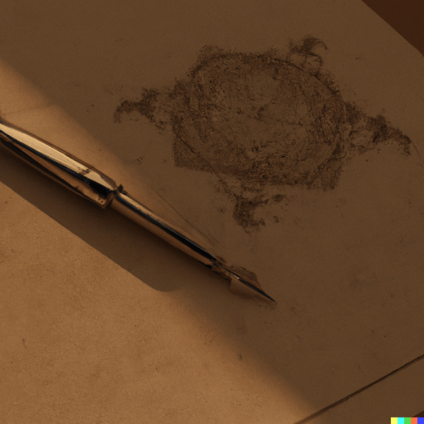 DALL·E 2022-08-26 14.09.00 - old paper on desk, fancy pen, golden pattern, sunlight, shadows, photorealistic, hd, unreal engine, octane render, hyper detailed, volumetric lighting